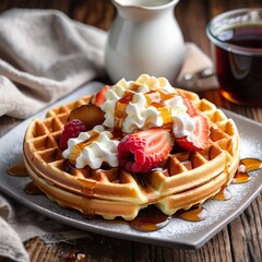 Delicious Waffle with Maple Syrup and Toppings
