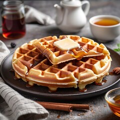 Delicious Waffle with Maple Syrup and Toppings