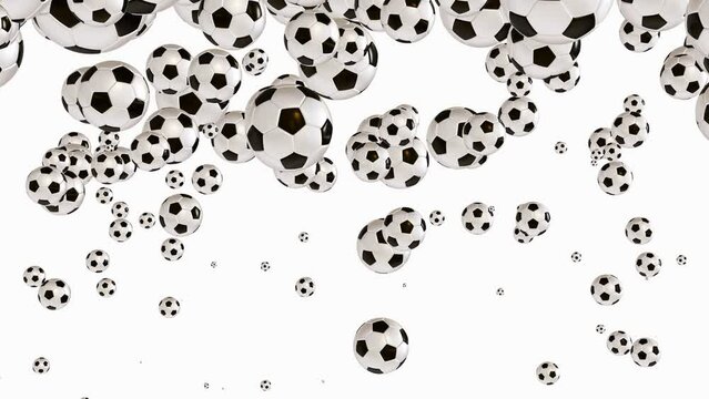 Soccer balls on a white background. Seamless cyclic animated 4K background of black and white soccer balls. 4K seamless looping videos
