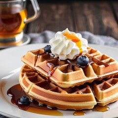 Delicious Waffle with Maple Syrup and Toppings