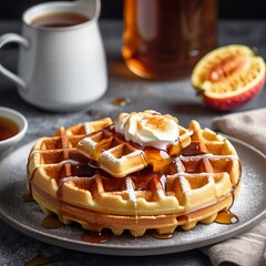Delicious Waffle with Maple Syrup and Toppings