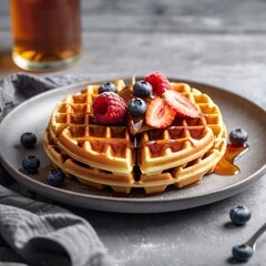 Delicious Waffle with Maple Syrup and Toppings