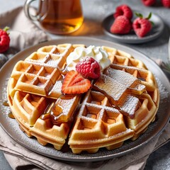 Delicious Waffle with Maple Syrup and Toppings