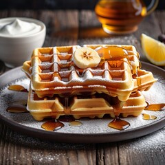 Delicious Waffle with Maple Syrup and Toppings