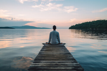 Young man meditating on a wooden pier at sunset in the lake - obrazy, fototapety, plakaty