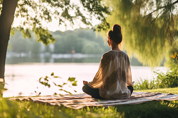 Young woman meditating in lotus position in the park at sunset
