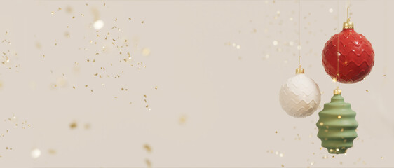3D background, Christmas product or text display beige banner. Red Christmas glass ball changing with gold confetti. Abstract, winter, 3D render trendy illustration. Christmas ornament mockup.