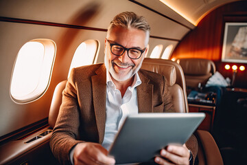 A businessman  using a tablet while seated on an airplane