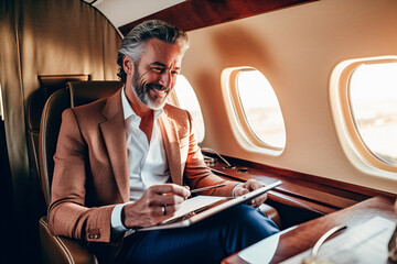 A businessman engrossed in a book while seated on an airplane - obrazy, fototapety, plakaty