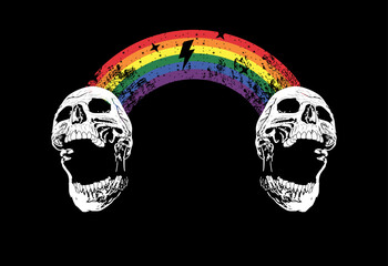 T-shirt design of two skulls joined by a rainbow. Vector illustration for gay pride day.