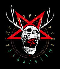 Fototapeta premium T-shirt design of a skull with elk horns on a demonic red star and runic letters. Viking alphabet.