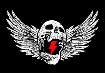 winged skull t-shirt design with the symbol of thunderbolt