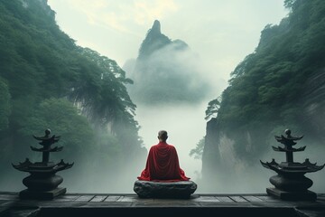 a serene monk meditates at a misty Chinese temple, situated amidst majestic mountains. Generative AI - obrazy, fototapety, plakaty