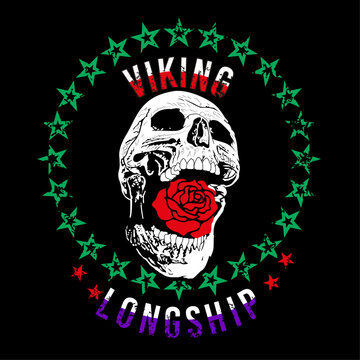Viking longship. Skull t-shirt design with a red rose and a circle of stars on a black background.
