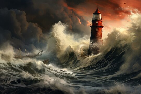 stormy seas, lighthouse, impending tsunami. Generative AI