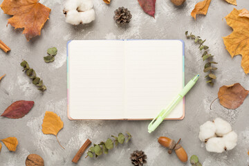 Autumn leaves with notebook on concrete background, top view