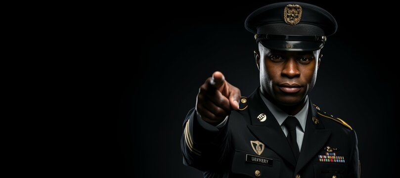 one black soldier in uniform, looking confident, pointing with finger with space on left side for logo and text