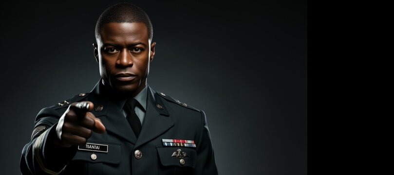 one black soldier in uniform, looking confident, pointing with finger, with space on right side for logo and text