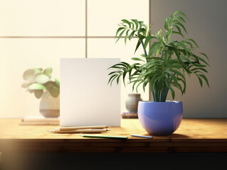Blank notepad letter and a houseplant on a counter top with pens scatter, blank paper scene mockup concept, leaving a note