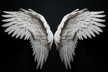 White angel wings 3D model on black background. Generative AI