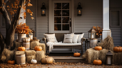 Fall and autumn beautifully decorated house porches with pumpkins, gourds and seating - generative AI.