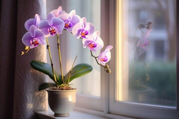 flower and leaves of the phalaenopsis orchid in a flower pot on the windowsill in the house. Care of a houseplant. Home garden. Room interior decoration - obrazy, fototapety, plakaty