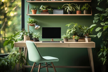  Home office place with many natural leaves.