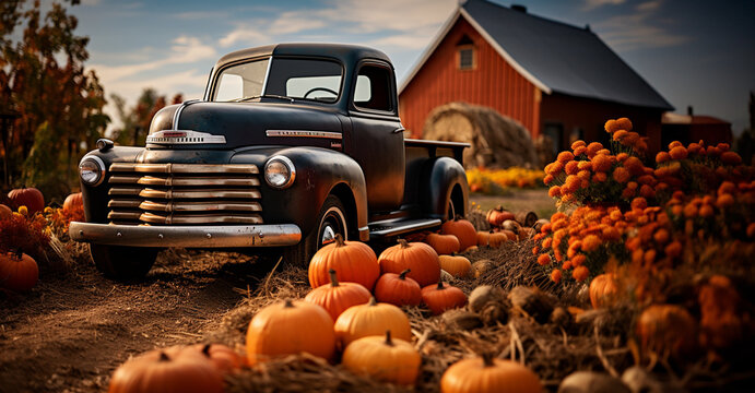 Pumpkins surround a vintage truck in a fall barn country setting - generative AI.