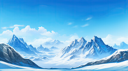Fototapeta na wymiar A beautiful view of a big snowy mountain range with a blue sky. Ski resort background. 