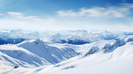A beautiful view of a big snowy mountain range with a blue sky. Ski resort background. 