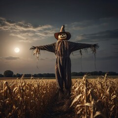 Spooky Scarecrow in the corn field during night time with full moon, Halloween, Scarry