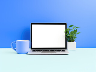 Fototapeta premium Blue laptop mockup, blue background, house plants decorations