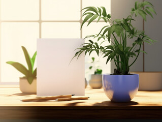 Blank notepad letter and a houseplant on a counter top with pens scatter, blank paper scene mockup concept, leaving a note