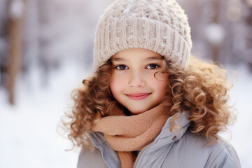 Happy little girl smile enjoys snowy winter, christmas holiday