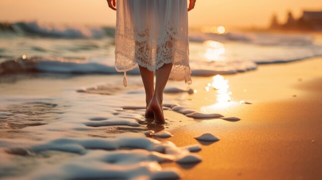 relaxing summer holiday concept picture of white sea beach with romantic walking feet in dramatic sunset. 