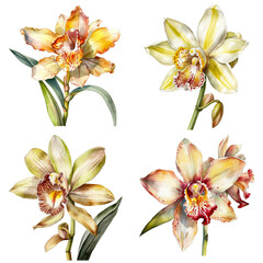 Set of watercolor cymbidium orchid or Muskateer flower isolated on white background - obrazy, fototapety, plakaty