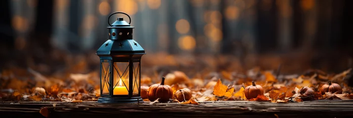 Fototapete Warm and inviting lit vintage lantern resting on wood planks base outdoors in a fall setting - generative AI. © Andy Dean
