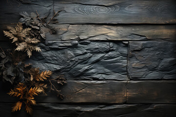 Wooden texture with dry leaves, copy space - Powered by Adobe