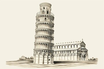 Sketch engraving illustration of leaning tower of Pisa with transparent background. Generative AI