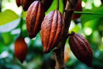 Poster Close up of Cocoa pods grow on tree. The cocoa tree ( Theobroma cacao ) with fruits. © nnattalli