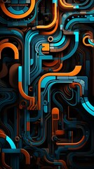 A gaming background with a futuristic touch, resembling a computer motherboard circuit, and showcasing abstract 3D components in black, orange, and blue.