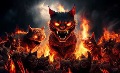 Angry fire breathing cats burning in the flames of hell.  