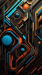 An abstract 3D gaming background in black, orange, and blue colors, with a futuristic vibe reminiscent of a computer motherboard circuit.