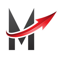 Red and Black Futuristic Letter M Icon with a Glossy Arrow