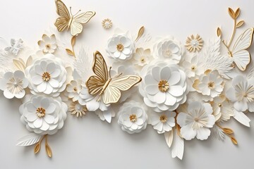 3D flower and butterfly luxury background with golden jewelry for wall. Generative AI