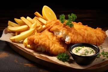 British traditional fish and chips with pea puree and tartar sauce