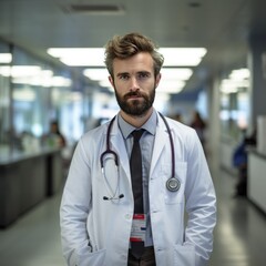 Young bearded doctor man posing isolated in the clinic.