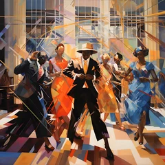Fotobehang lively dance scene canvas painting African American dancers vibrant colors © Kodjovi