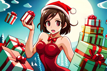 Cute anime girl with Christmas gifts in boxes