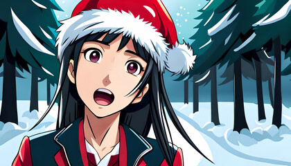 Greatly surprised anime girl with Christmas hat in the woods